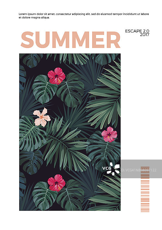 热带夏季矢量明信片设计与明亮的木槿花和异国情调的棕榈叶在黑暗的背景图片素材