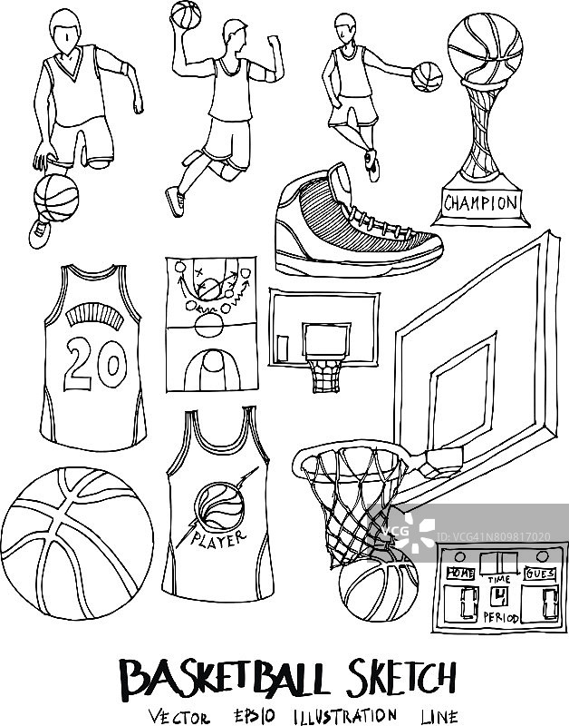 一套涂鸦篮球手绘素描线矢量插图eps10图片素材