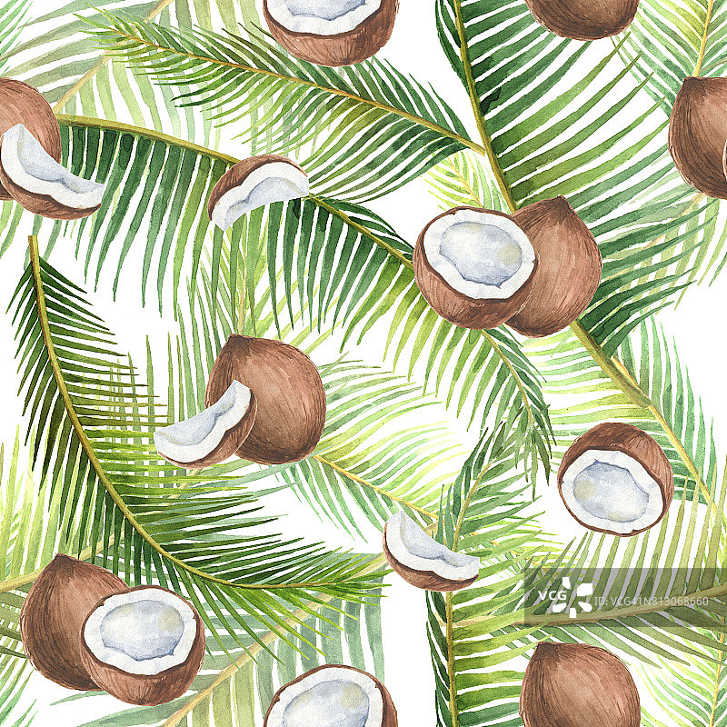 水彩无缝模式与热带绿叶和椰子孤立在白色的背景。图片素材