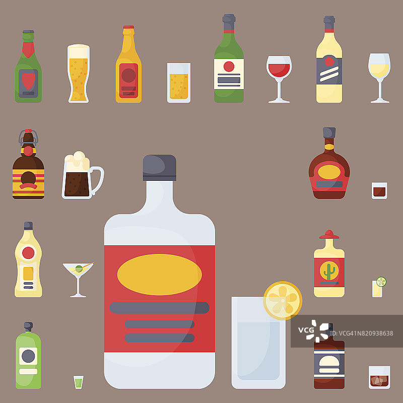 酒精饮料饮料鸡尾酒酒瓶贮藏容器喝不同的玻璃杯矢量插图图片素材
