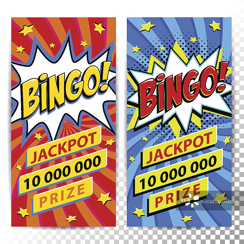 Bingo彩票网站横幅。彩票游戏背景。漫画流行艺术风格的bang形状上的红色扭曲的背景。理想的网页横幅图片素材