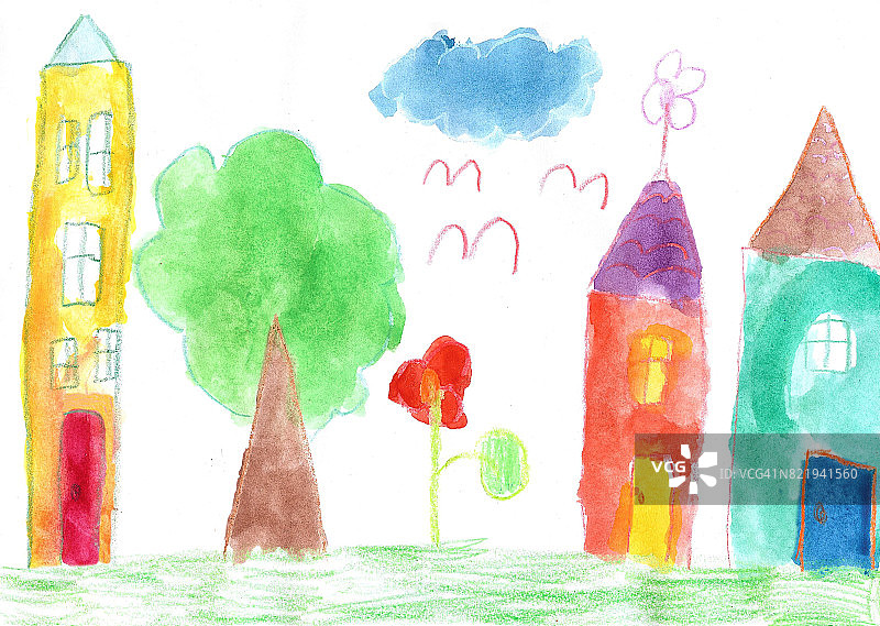 孩子的画。乡村别墅和树木图片素材