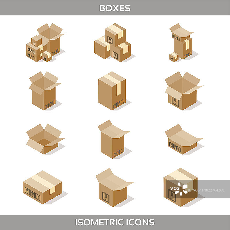 等距纸箱包装盒设置在等距风格与邮政标志，这面向上脆弱的矢量插图图片素材