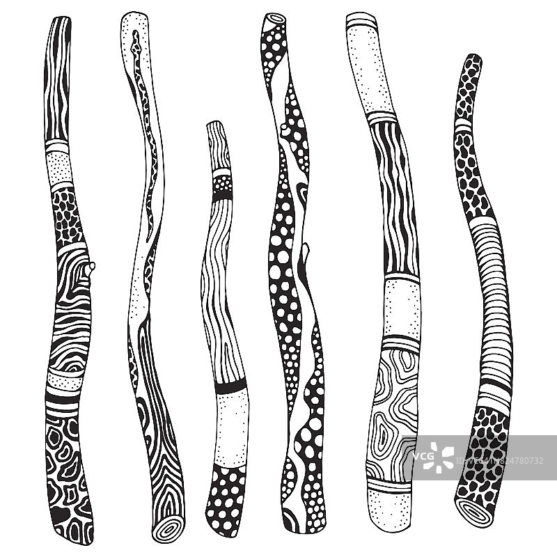 一组木枝。画。涂鸦风格。黑白，波西米亚，矢量，部落设计元素。图片素材
