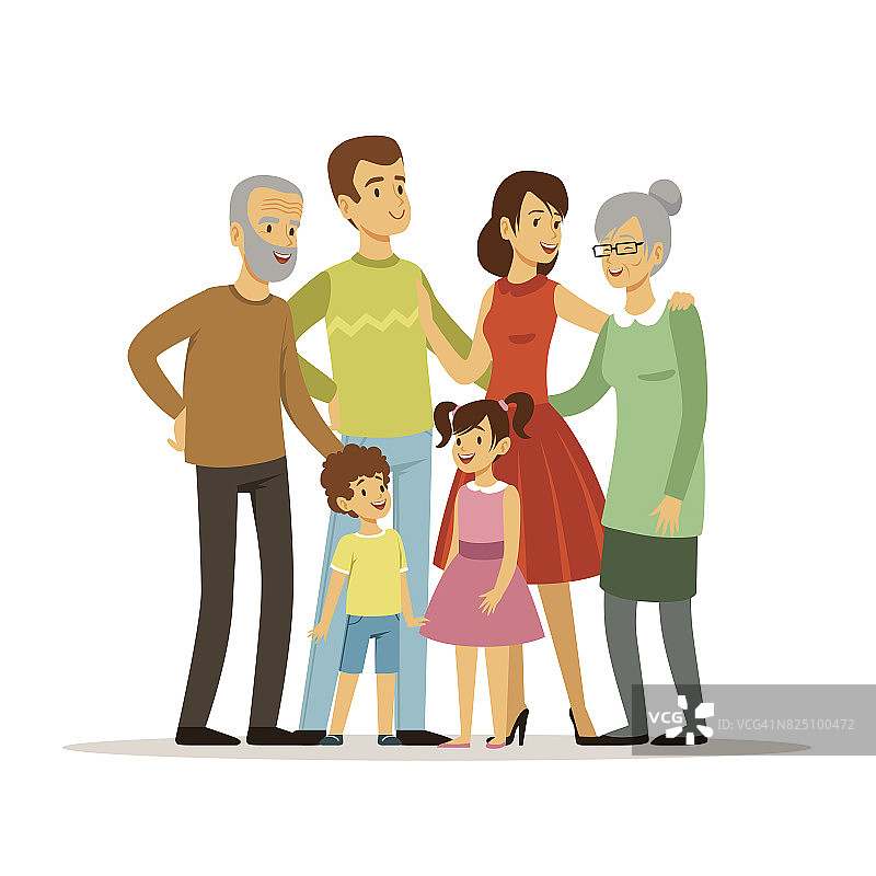 矢量插图大家庭与母亲，父亲，祖母和祖父。微笑的人站在动作姿势图片素材