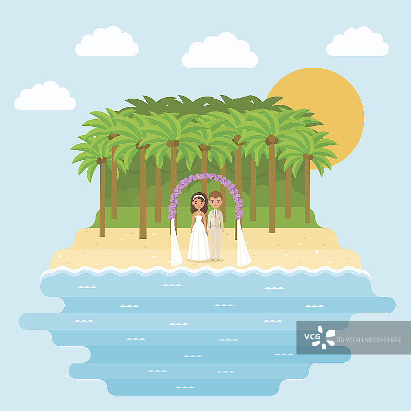卡通新娘和新郎在海滩上的平面设计。向量。图片素材