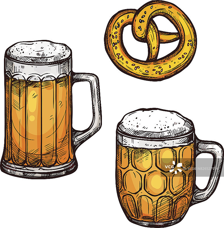 啤酒杯和巴伐利亚椒盐卷饼隔离素描图片素材