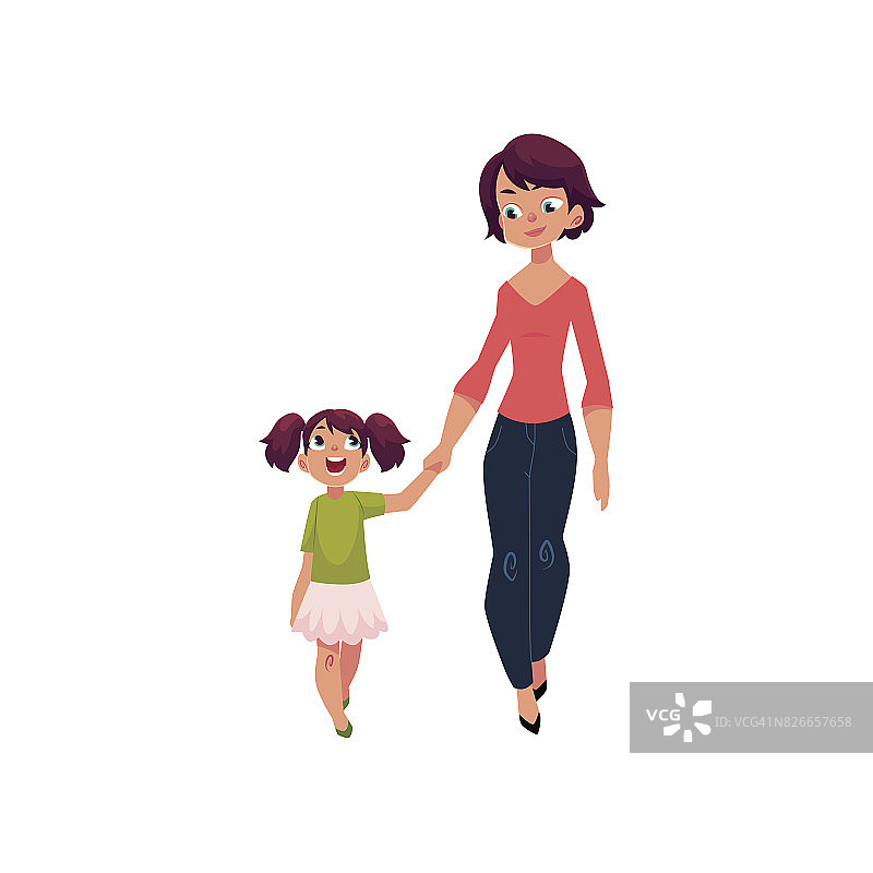 母亲和女儿手牵着手走在一起图片素材