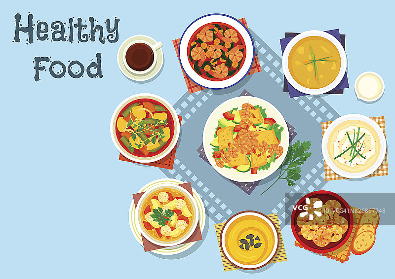 丰富的汤和海鲜菜肴图标，食物设计图片素材