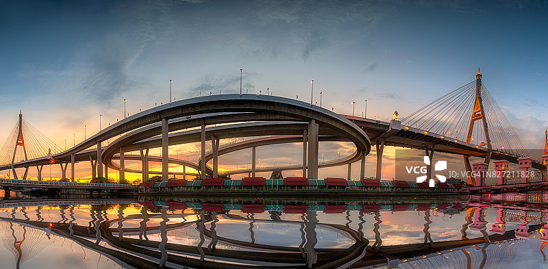 普密蓬大桥全景与日落图片素材