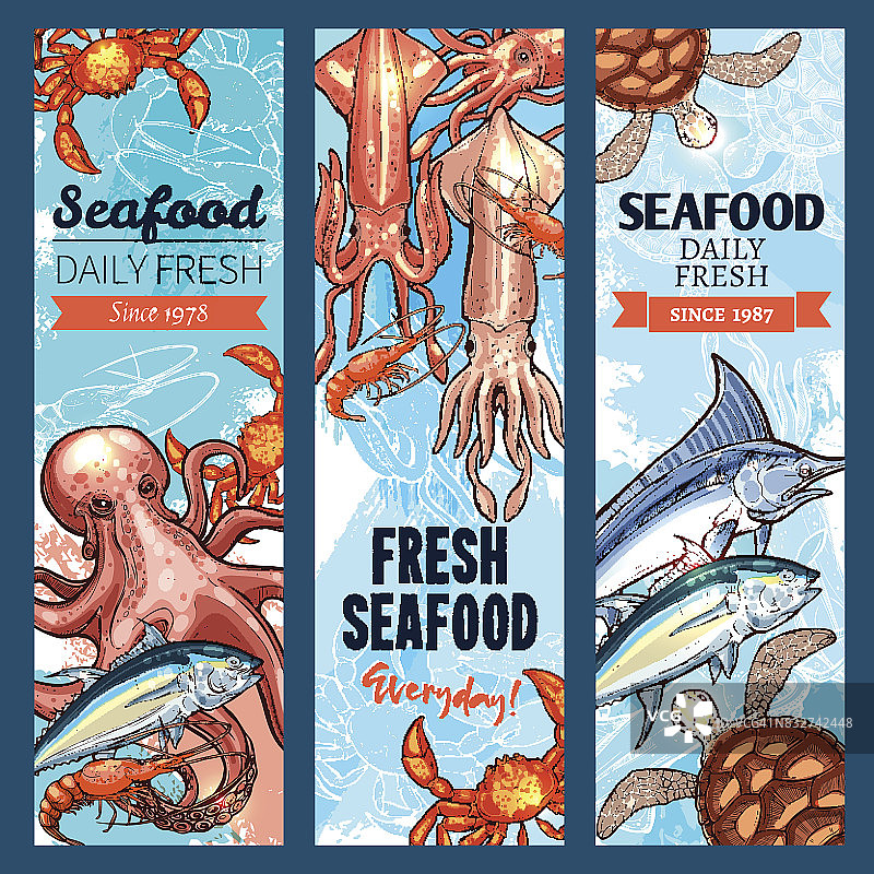 海鲜和鱼市场旗帜设置海洋动物图片素材