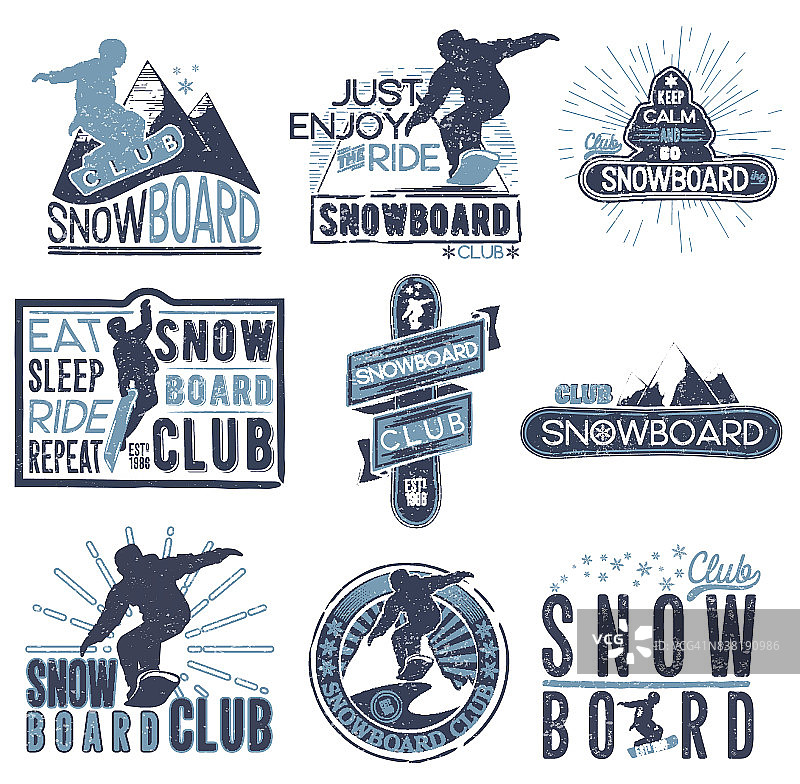 矢量徽章主题滑雪板在grunge风格为您的设计，印刷在媒体和t恤，互联网。图片素材