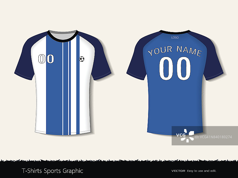 足球俱乐部运动t恤设计，前后视图足球运动衫制服，运动苗条合身的衬衫服装模拟，图形模板向量插图eps 10。图片素材