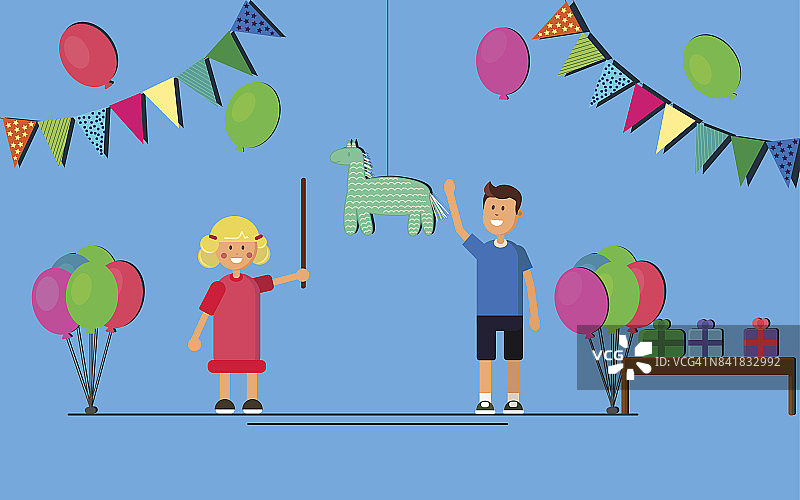 儿童派对卡通背景与有趣的男孩和女孩庆祝生日。平面向量插图图片素材