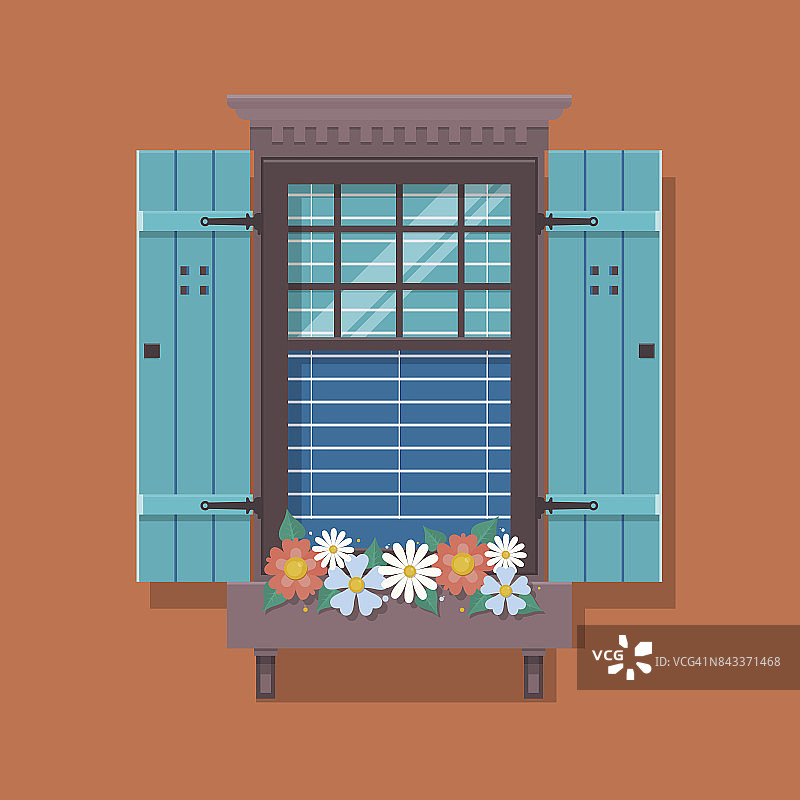 建筑元素，窗口背景。墙上挂着花盆的窗户。卡通元素。可爱的夏季矢量插图图片素材