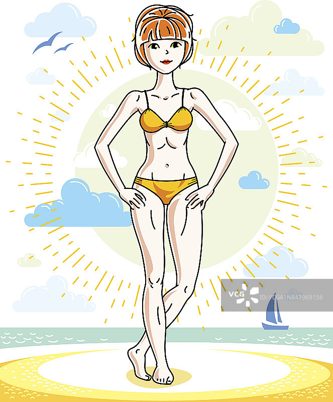 快乐漂亮的年轻红发女人站在热带海滩上，穿着泳衣。向量的性格。暑假的主题。图片素材