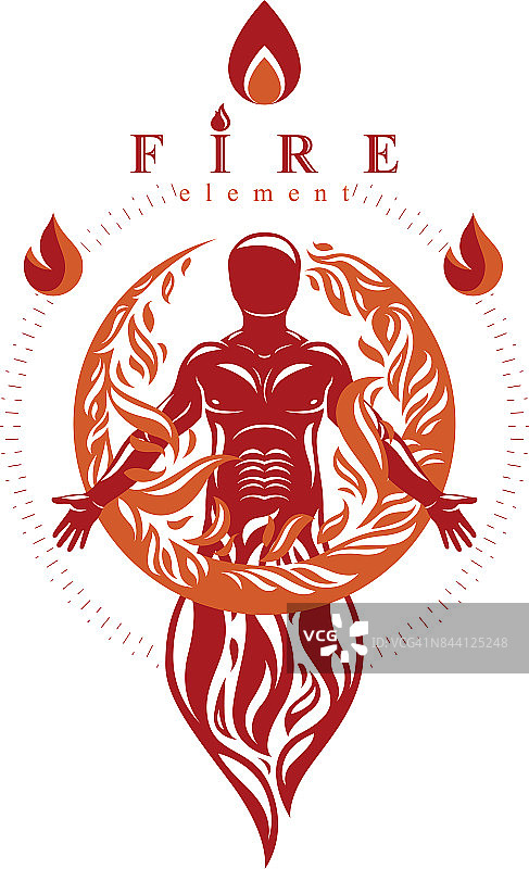 矢量图形插图强壮的男性，身体轮廓站立。火人就像一束强大的能量覆盖着一个火球。图片素材