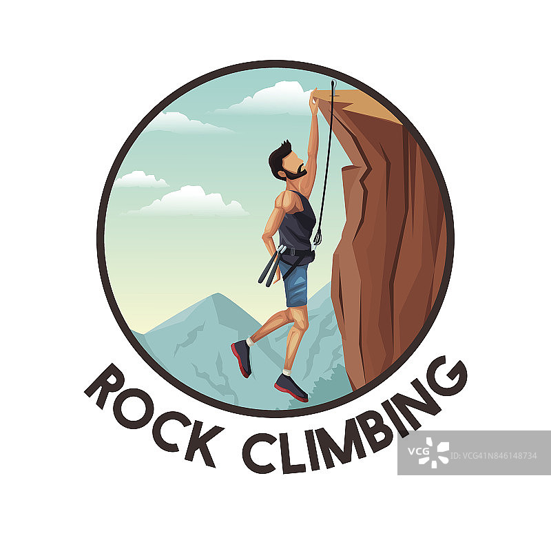 彩色圆形画框与山水男子挂在悬崖峭壁上攀岩图片素材
