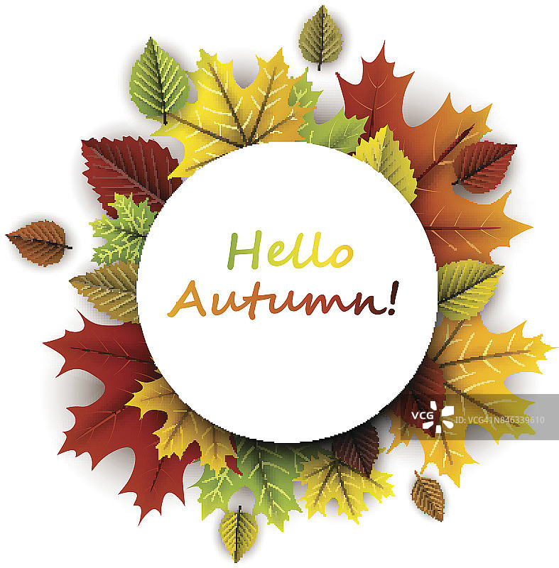 Hello autumn card with colorful leaves.秋天卡片。图片素材
