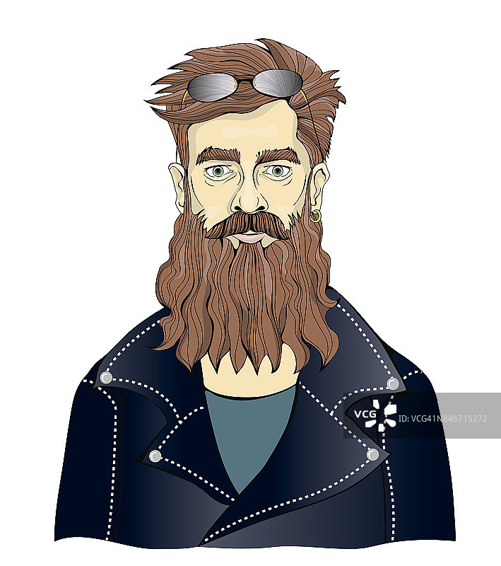 一个穿着黑色皮夹克的大胡子男人。摩托车手或摇滚乐迷。矢量肖像插图，孤立在白色。图片素材