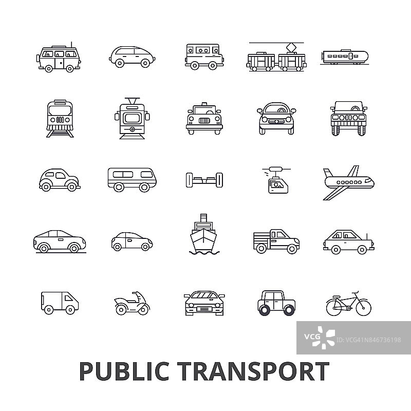 公共交通、交通运输、地铁、公交车站、交通、出租车、城市公交线路图标。可编辑的中风。平面设计矢量插图符号概念。线性迹象孤立图片素材