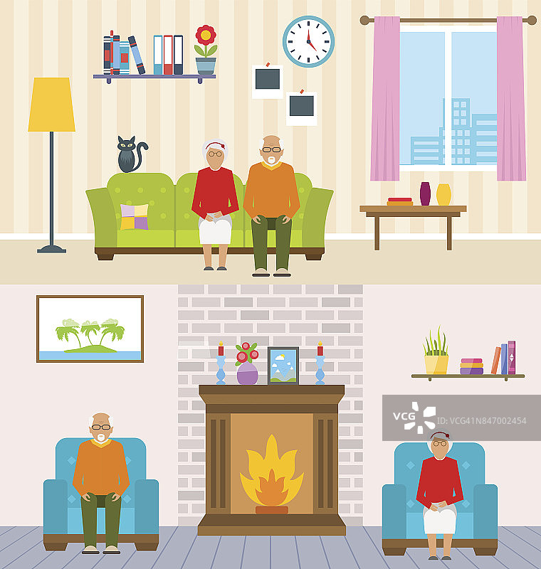 老年人家庭室内背景。老年人物，家居家具，养老金图片素材