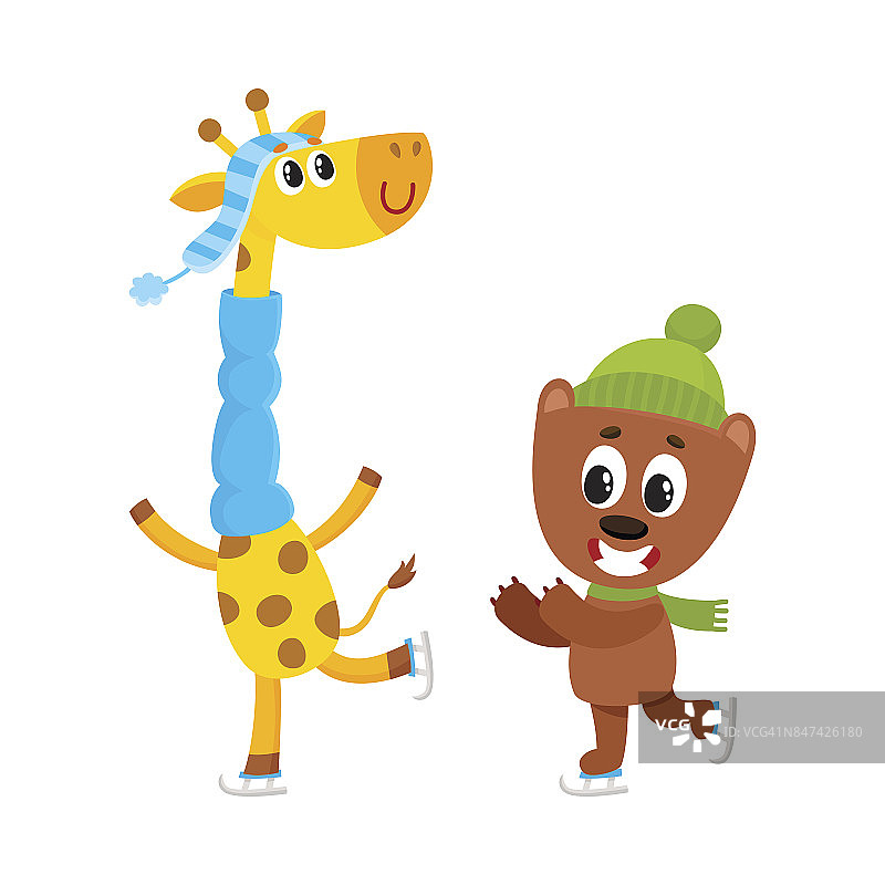 小长颈鹿和小熊在滑冰图片素材