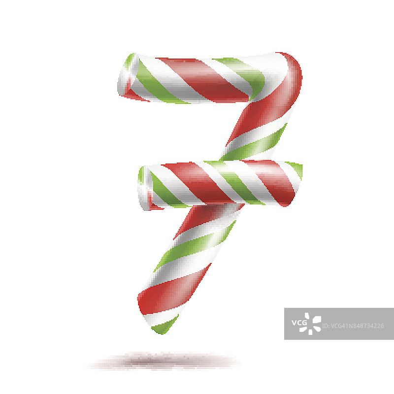 7、数字7向量。3D数字符号。图7圣诞色彩红色，白色，绿色条纹。经典的圣诞薄荷硬糖手杖。新年的设计。孤立的白色插图图片素材