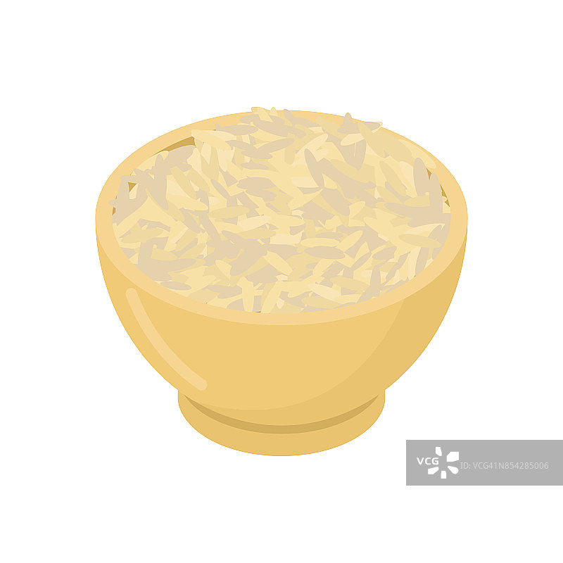 糙米在木碗中孤立。木碟中的格栅。白色背景上的纹理。矢量图图片素材