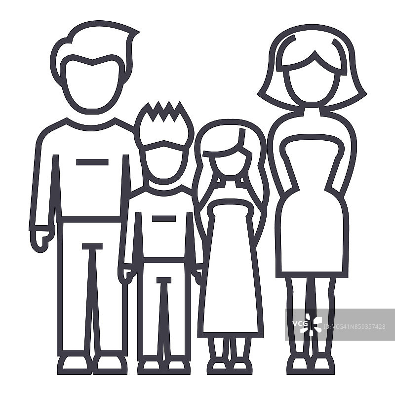 家庭，父亲，母亲，儿子，女儿矢量线图标，标志，插图的背景，可编辑的笔画图片素材