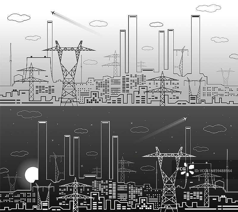 矢量线发电厂，能源线，工业矢量设计，暗光背景，城市插图图片素材