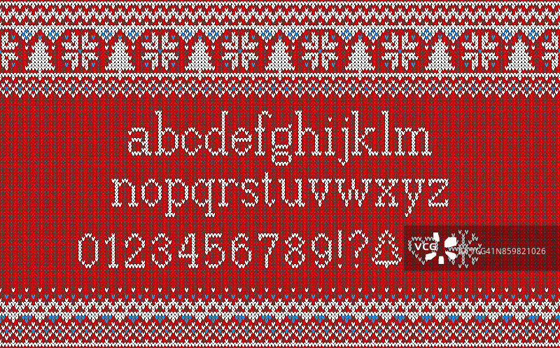 圣诞节的字体。用雪花和冷杉织出无缝的拉丁字母图案。北欧fair isle针织，冬季节日毛衣设计。矢量插图。图片素材