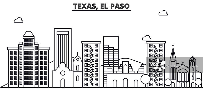 德州埃尔帕索建筑线天际线插图。线性向量的城市景观与著名的地标，城市景观，设计图标。风景与可编辑的笔触图片素材