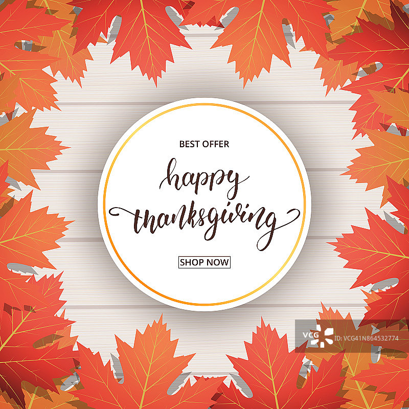 感恩节。快乐感恩节书法和飘落的秋叶木制背景。感恩节的横幅图片素材
