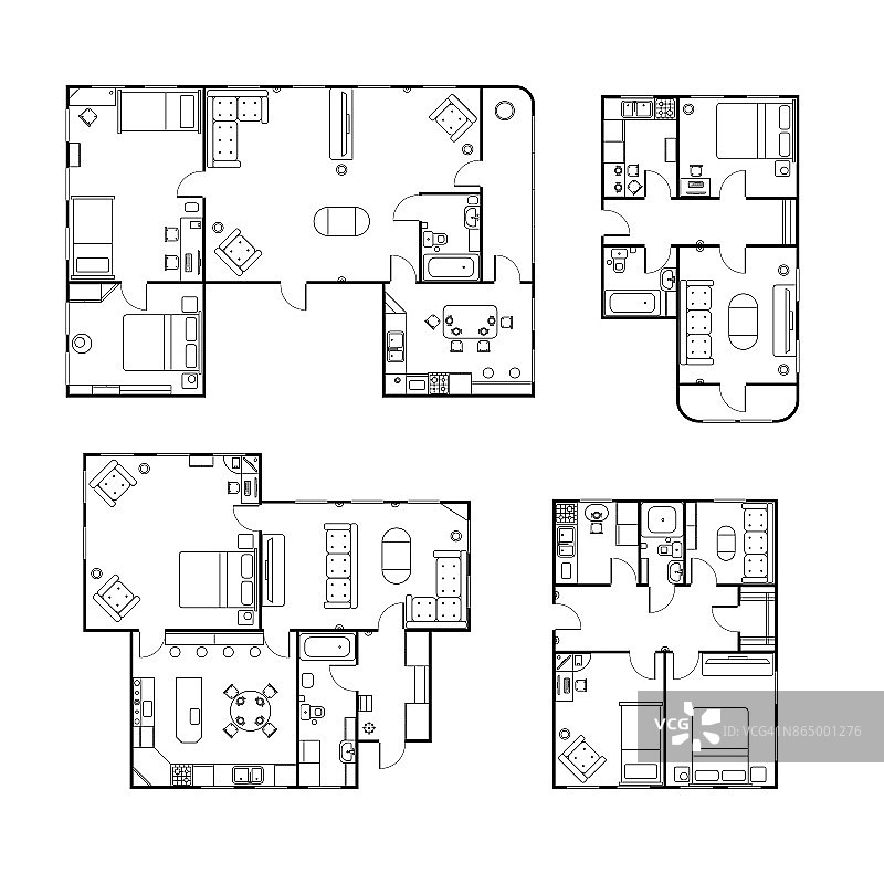 一套不同的黑色和白色的房屋平面图，内部细节被隔离在白色上图片素材