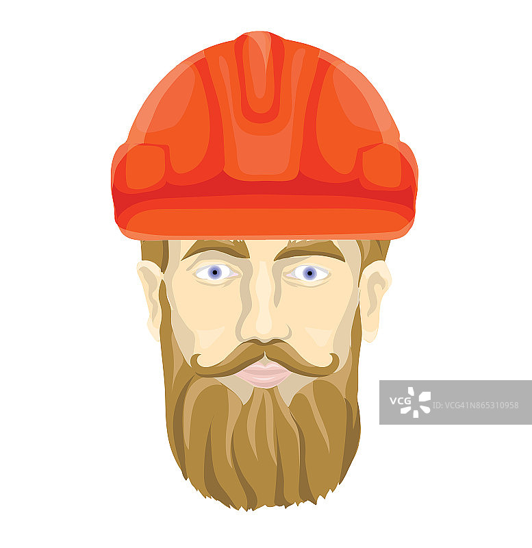 建筑、工业工人。一个戴着建筑头盔的大胡子男人的脸。矢量插图，孤立在白色。图片素材