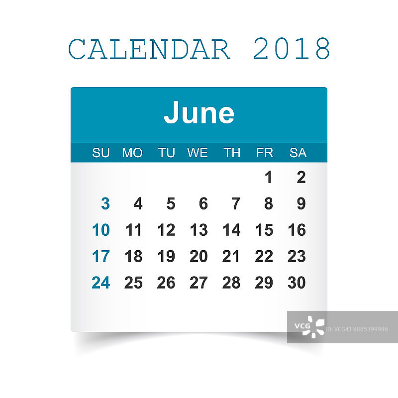 2018年6月日历。日历贴纸设计模板。一周从周日开始。业务矢量插图。图片素材