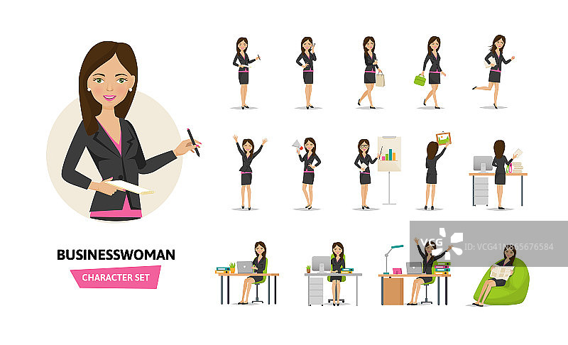 在办公室工作的情况下，一组女商人的工作性格图片素材