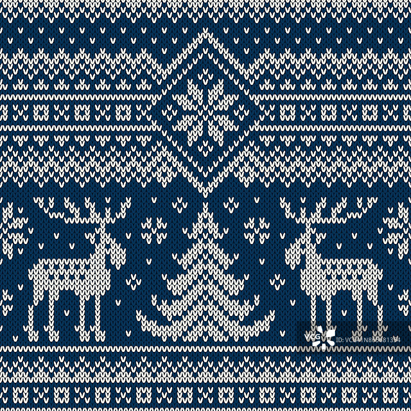 冬季无缝针织图案与圣诞树和麋鹿。针织毛衣设计图片素材