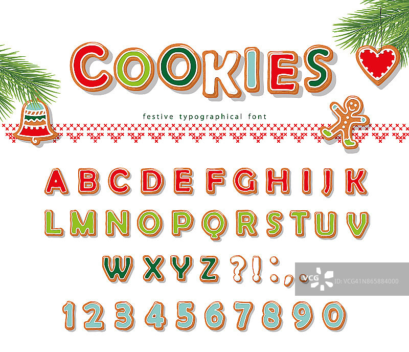 圣诞姜饼饼干字体。饼干字母和数字。向量图片素材