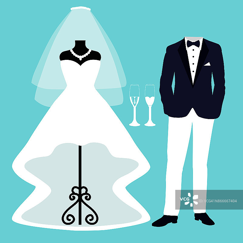 婚礼卡片与新娘和新郎的衣服。图片素材