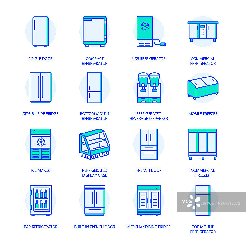 冰箱的平面线条图标。冰箱种类，冰柜，酒冷藏箱，商用主要电器，冷藏展示柜。细线形彩色家居用品店标志图片素材