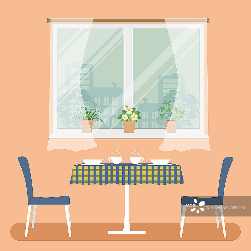 一张铺着格子桌布的桌子，窗户背景上有两把蓝色的椅子图片素材