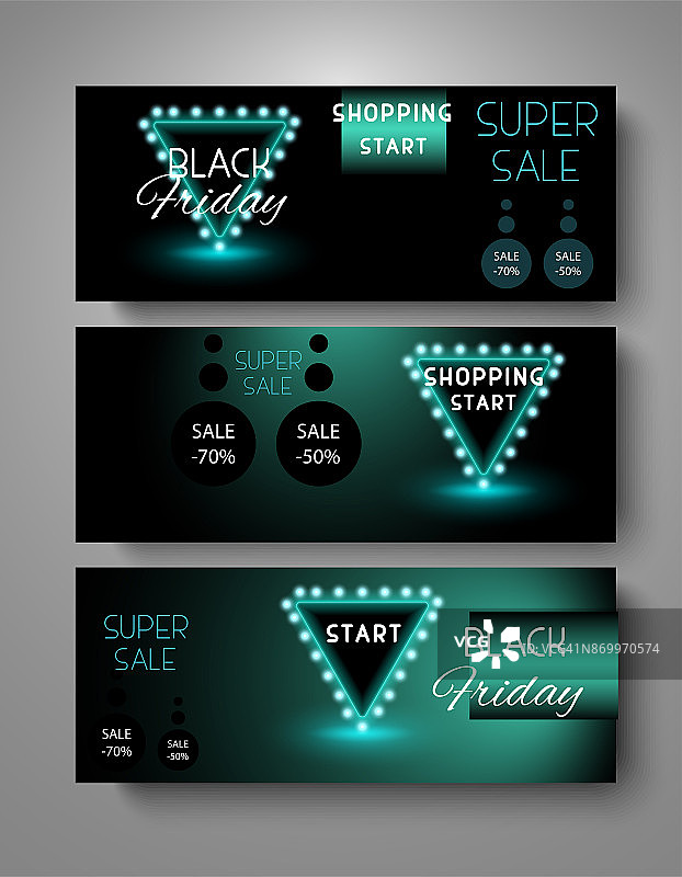 黑色星期五霓虹横幅销售设置矢量插图。图片素材