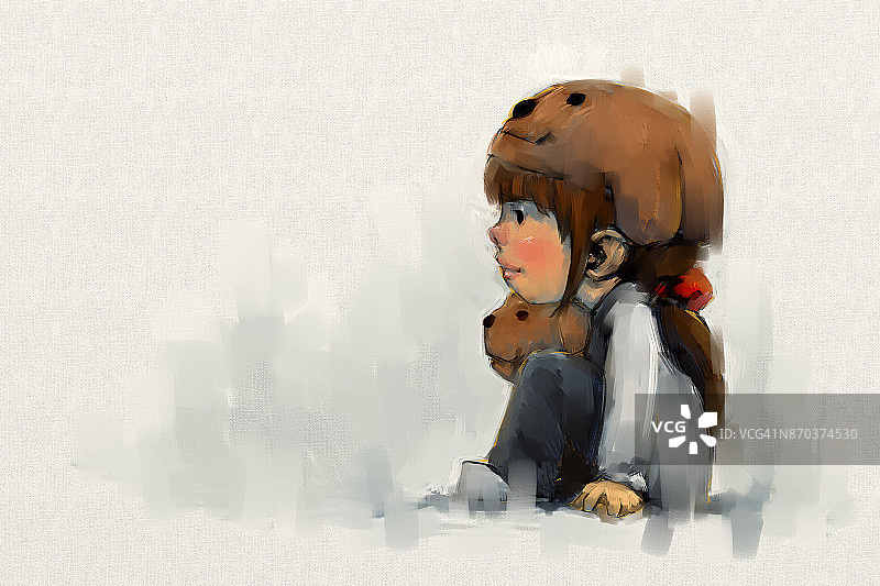 数字绘画一套女孩在小狗帽子与她的狗，丙烯酸在画布纹理，讲故事的插图图片素材