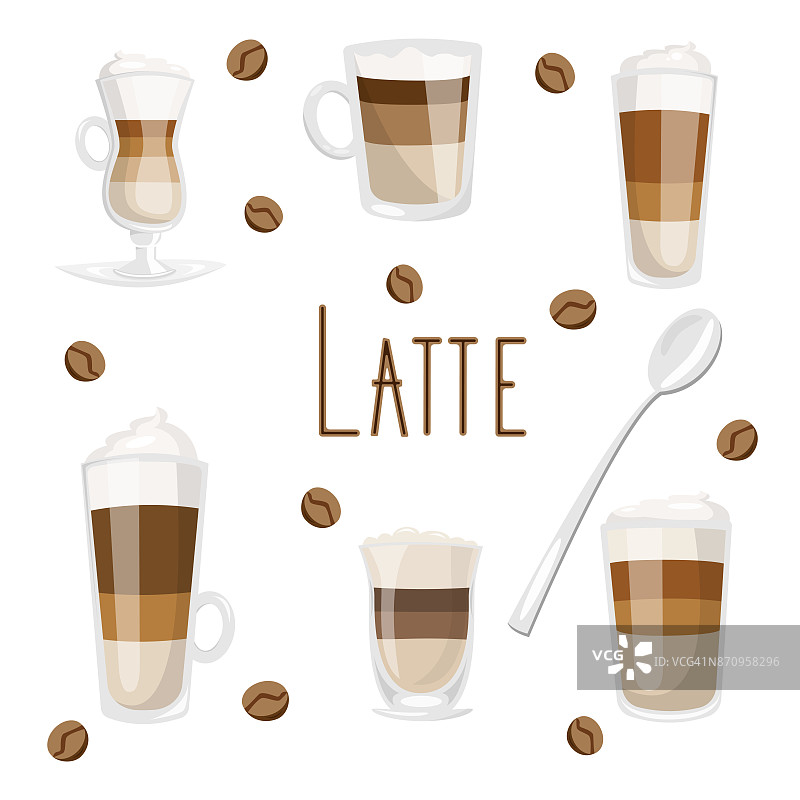 一套咖啡饮料与牛奶咖啡拿铁，玛奇朵，卡布奇诺，扁平白，顶部与鲜奶油图片素材