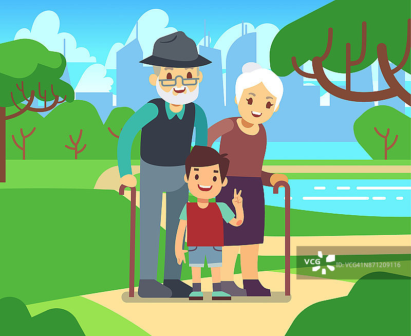快乐卡通老两口与孙子在公园矢量插图图片素材