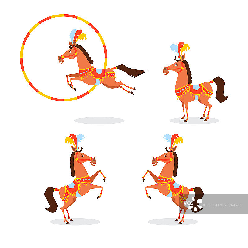 马戏团的马穿着漂亮的衣服，戴着珠宝，羽毛跳过环，用后腿站立。不同的姿势图片素材