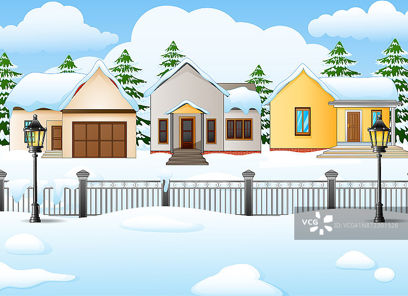 冬季村庄的景观背景与雪覆盖的房子图片素材