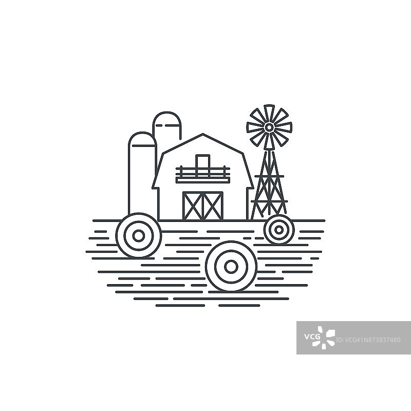 农场干草线图标。干草场和谷仓矢量线性设计的轮廓图孤立在白色背景上。农场图标模板，用于农业业务的元素，线图标对象。图片素材